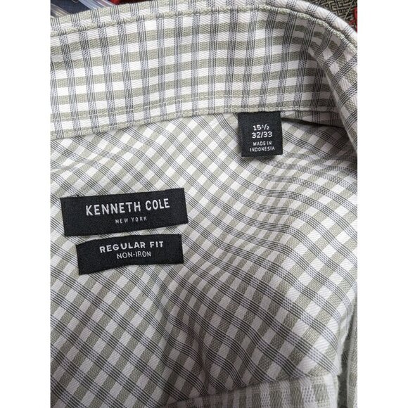 Kenneth Cole Mens Size Regular 15 1/2 Long Sleeve 32-33 Button Shirt Green Plaid - Picture 3 of 4